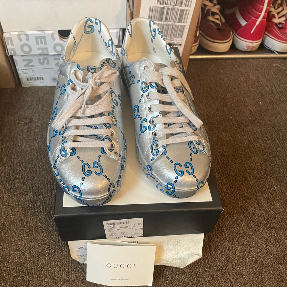 Metallic silver and blue Gucci sneakers size 8+